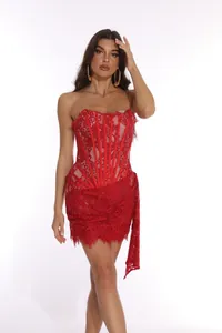 Sexy red lace corset mini dress with strapless design and elegant wrap drape detail