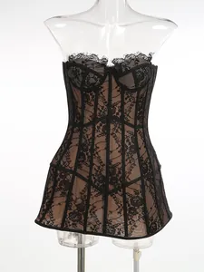 Close-up detail of a sexy black floral lace corset dress featuring sheer mesh boning