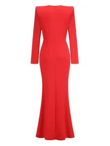Back view of elegant long-sleeved red evening gown with structured mermaid silhouette