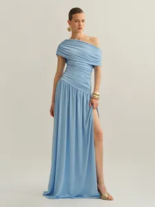 Full view of light blue one-shoulder ruched maxi dress with side slit detail