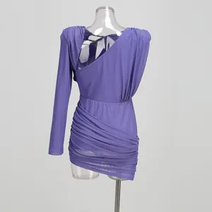 Back view of a purple one-shoulder ruched mini dress with sexy cutout design details