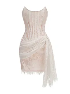 Elegant white lace corset mini dress featuring a side draped sash for a chic party look.
