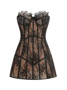 Sexy black lace mesh tube top dress with nude lining and slim fit corset design