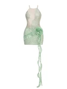 Sexy mint green sequined halter dress with lace embroidery and large flower sash detail