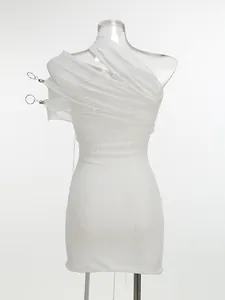 Detailed view of white mesh bodycon mini dress with asymmetric pleated halter neck