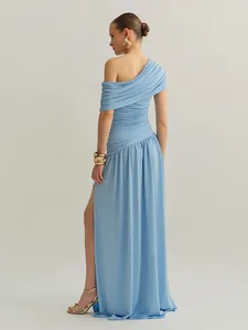 Elegant light blue one-shoulder pleated maxi dress, perfect for banquet or vacation wear