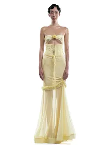 Women Strapless Tube Top Maxi Dress Sexy Lace Up Corset Floral Patchwork Sheer Mesh Evening Party Wedding Formal Dress Yellow