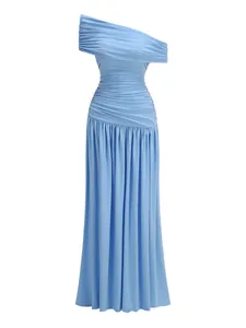 Elegant light blue one-shoulder ruched maxi dress, perfect for banquets or vacations.