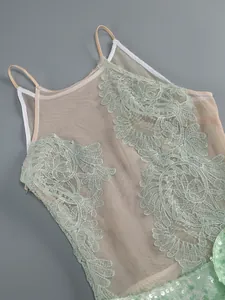 Detailed view of elegant mint green lace dress with floral embroidery and sequins