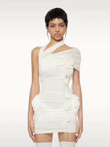 Women Sexy Halter Off Shoulder Ruched Mesh Bodycon Mini Dress With 3D Floral Decoration Elegant Party Evening Dress White
