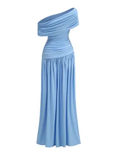 Elegant one-shoulder ruched light blue maxi dress for formal evening banquet and vacation