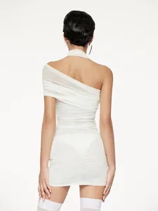 Back view of sexy white one-shoulder mesh halter bodycon dress with sheer texture