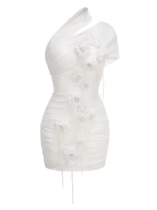 Elegant white one-shoulder mesh bodycon mini dress with 3D floral accent decorations