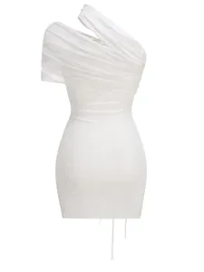 Front view of a sexy white off-the-shoulder mesh bodycon mini dress with ruched detailing