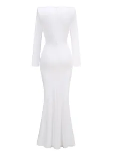 Back view of elegant white long-sleeved maxi evening gown with structured shoulders