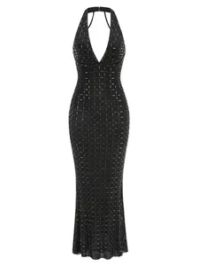 Robe longue dos nu noire élégante avec motifs de grille en paillettes scintillantes