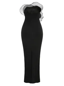 Back view of elegant black strapless bodycon maxi dress with organza ruffle detail