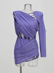 Elegant sexy purple one-shoulder cutout ruched bodycon mini dress for cocktail party