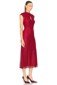 Elegant red rhinestone evening gown featuring flower detail and sophisticated high neckline