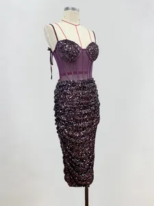 Elegant purple sequin corset midi dress with sheer bodice and bodycon fit for parties.