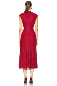 Detailed back view of a red rhinestone sequin midi dress for formal evening events