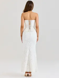 Elegant white lace strapless mermaid evening dress with lace-up back detail shown from back