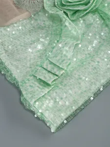 Macro view of light green mesh dress featuring shimmering sequins and delicate lace trim