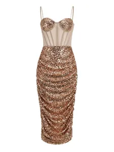 Detailed view of elegant rose gold sequined bustier midi dress featuring a sheer mesh bodice.