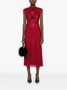 Full length view of a red sleeveless evening gown with rhinestones and 3D rose flowers.