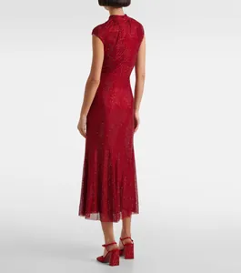 Elegant back view of a shimmering red rhinestone-studded evening gala dress for women.