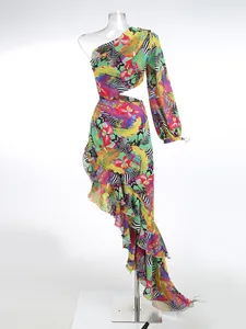 Sexy one-shoulder asymmetrical tropical print ruffled maxi dress with side cutout