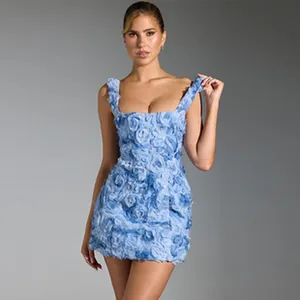 Elegant light blue mini dress featuring intricate 3D floral texture and a classic square neckline.