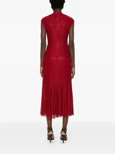 Detailed back view of an elegant red sleeveless evening gown with rhinestone embellishments