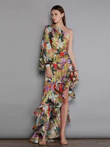 Sexy One Shoulder Single Sleeve Ruffle Maxi Dress Floral Print Irregular Hem Cutout Vacation Party Evening Dress Women