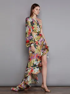Floral one-shoulder asymmetrical ruffle maxi dress with high slit detail