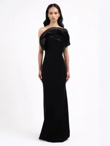 Women Top And Bottom Strapless Stereo Floral Bodycon Maxi Dress Elegant Party Evening Gown High Slit Slim Fit Polyester Long Dress