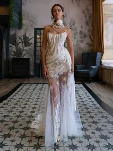 Elegant White Lace Sheer Patchwork Corset Strapless Dress Sexy Fishbone Wedding Banquet Gown For Women Long Evening Dress