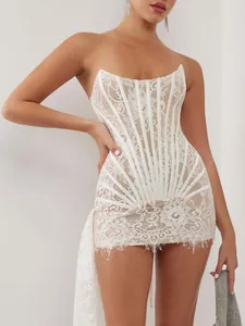 Elegant white lace strapless corset mini dress with long side streamer and floral embroidery