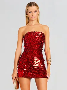Vestido Mini Sexy Sin Tirantes con Lentejuelas para Mujer Ajustado de Alta Gama Ropa de Fiesta y Club Sin Mangas Poliéster Brillante