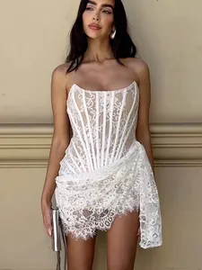 Elegant white lace strapless corset dress with draped detail for cocktail party