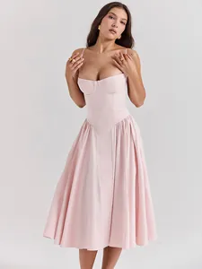 Elegant pink spaghetti strap corset midi dress for formal banquet and evening events