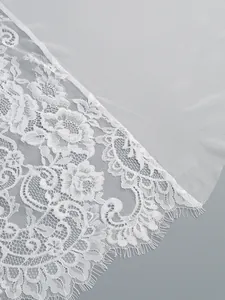 Detailed macro shot of elegant white floral lace fabric featuring a scalloped eyelash trim