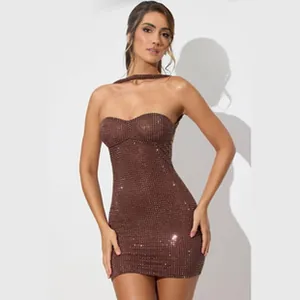 Sparkling brown sequined strapless bodycon mini dress showcasing sexy fit and texture