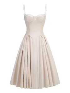 Elegant champagne satin bustier midi dress with high waist and pleated skirt detail