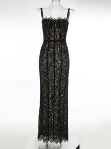 Elegant black lace bodycon evening dress with mesh hollow details and delicate straps