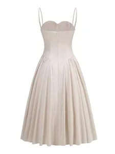 Back view of elegant champagne satin midi dress with sweetheart bodice and pleats