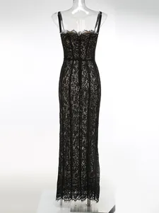 Detailed back view of an elegant black lace sleeveless evening maxi gown dress