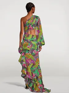 Back view of a one-shoulder asymmetrical ruffle maxi dress with tropical zebra print