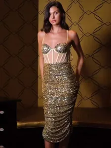Women Sexy Sequin Bodycon Midi Dress Sheer Corset Ruched Sleeveless Strap Dress For Evening Banquet Formal Party