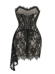 Detailed back view of a sexy black lace corset dress with elegant ribbon lacing.